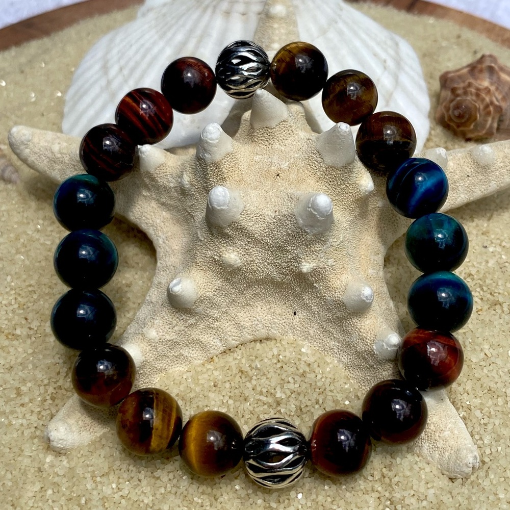 Beaded bracelet - genuine yellow, blue, & red tiger’s eye beads